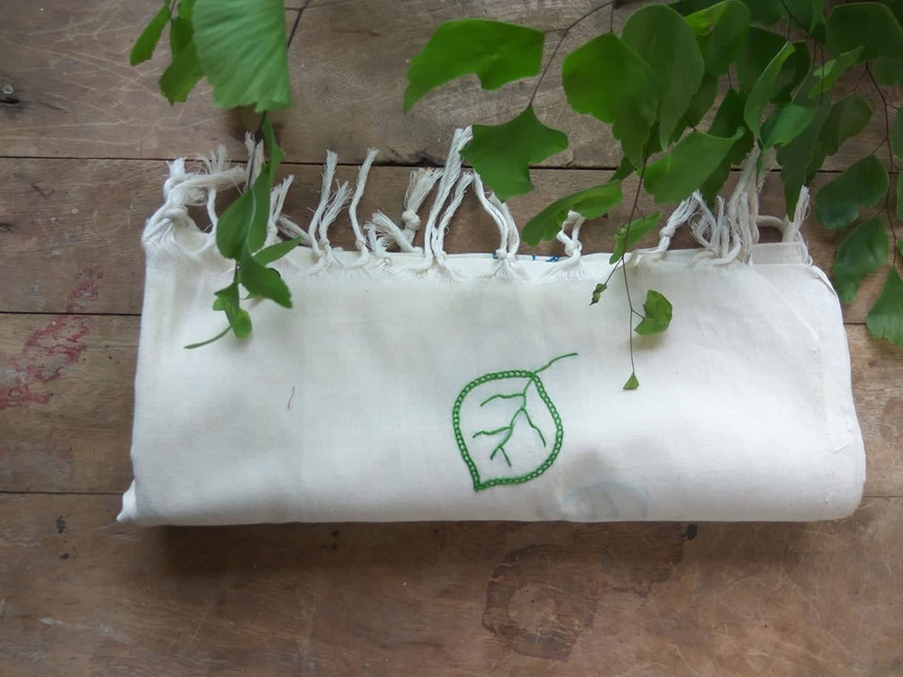 white organic cotton-hand embroidered stole green leaf design -Pankaja Sethi