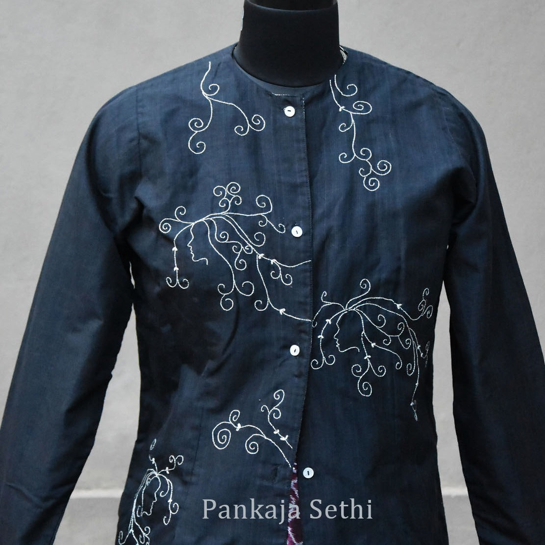 Black silk long embroidered jacket- Women face- Pankaja Sethi