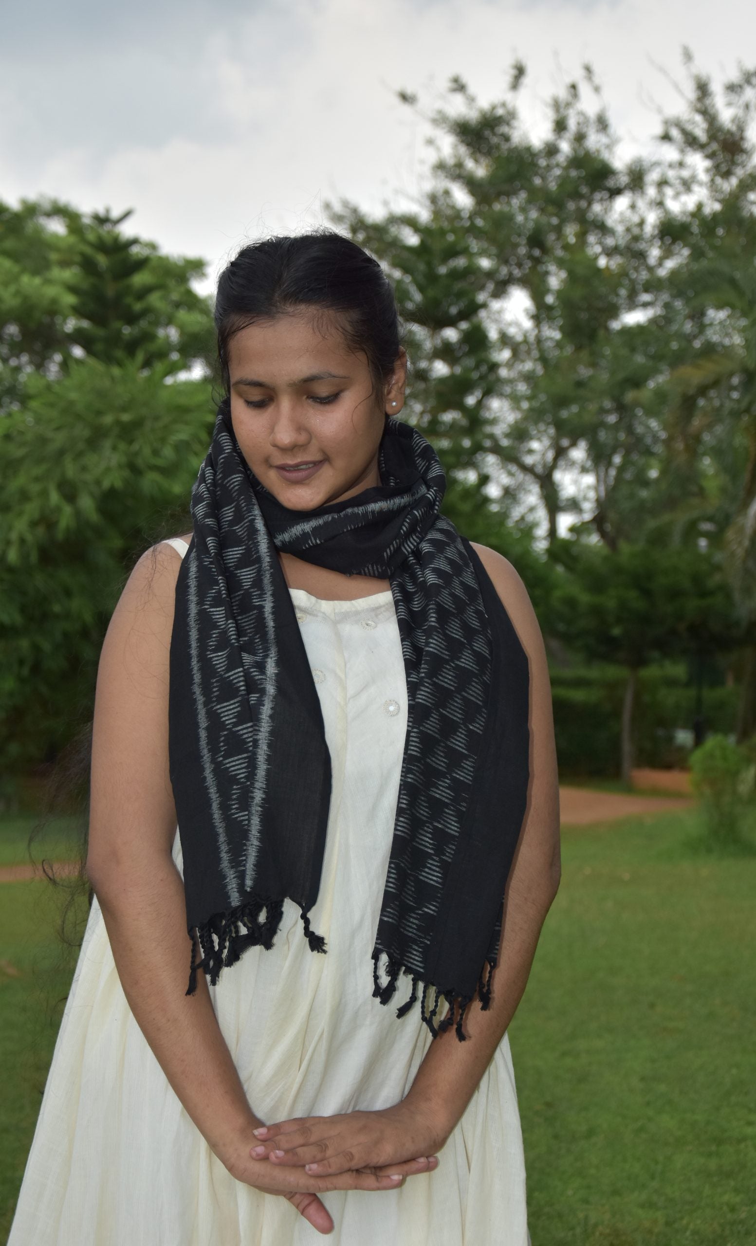 Pyramid-Cotton ikat black handloom Odisha stole - Pankaja Sethi
