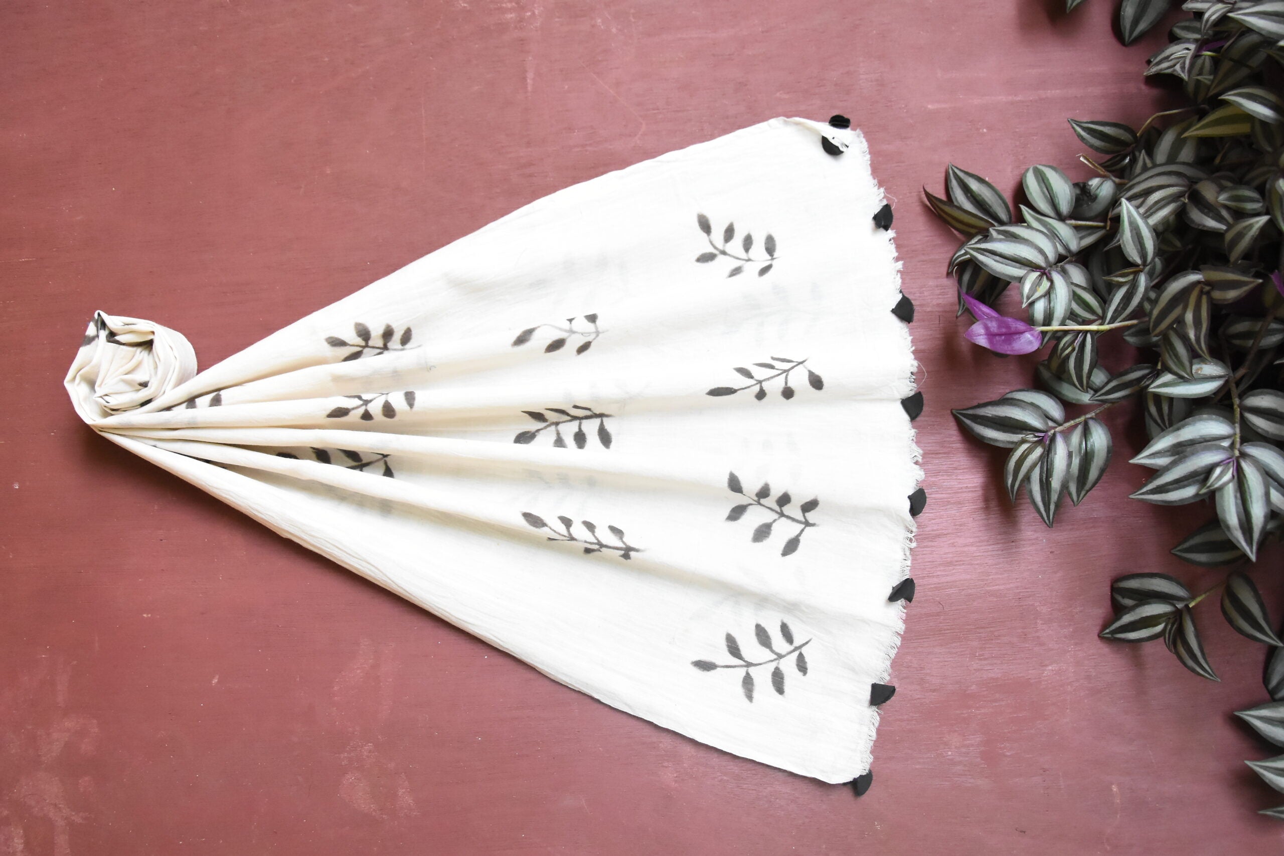 White organic cotton-hand painted -natural dye stole -11-Pankaja Sethi