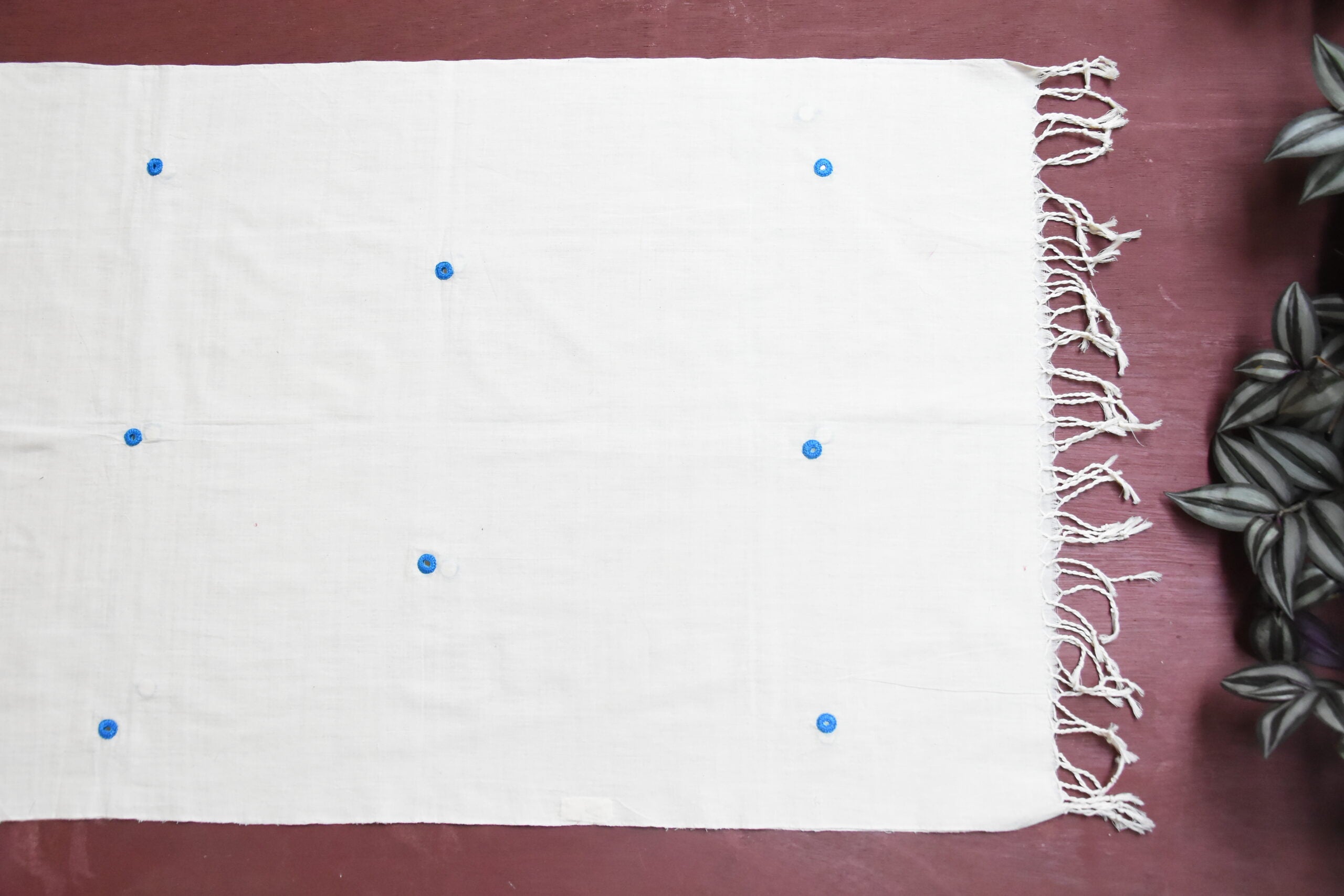 White organic cotton-hand embroidered Odisha miror-appliqué craft stole 10-Pankaja Sethi