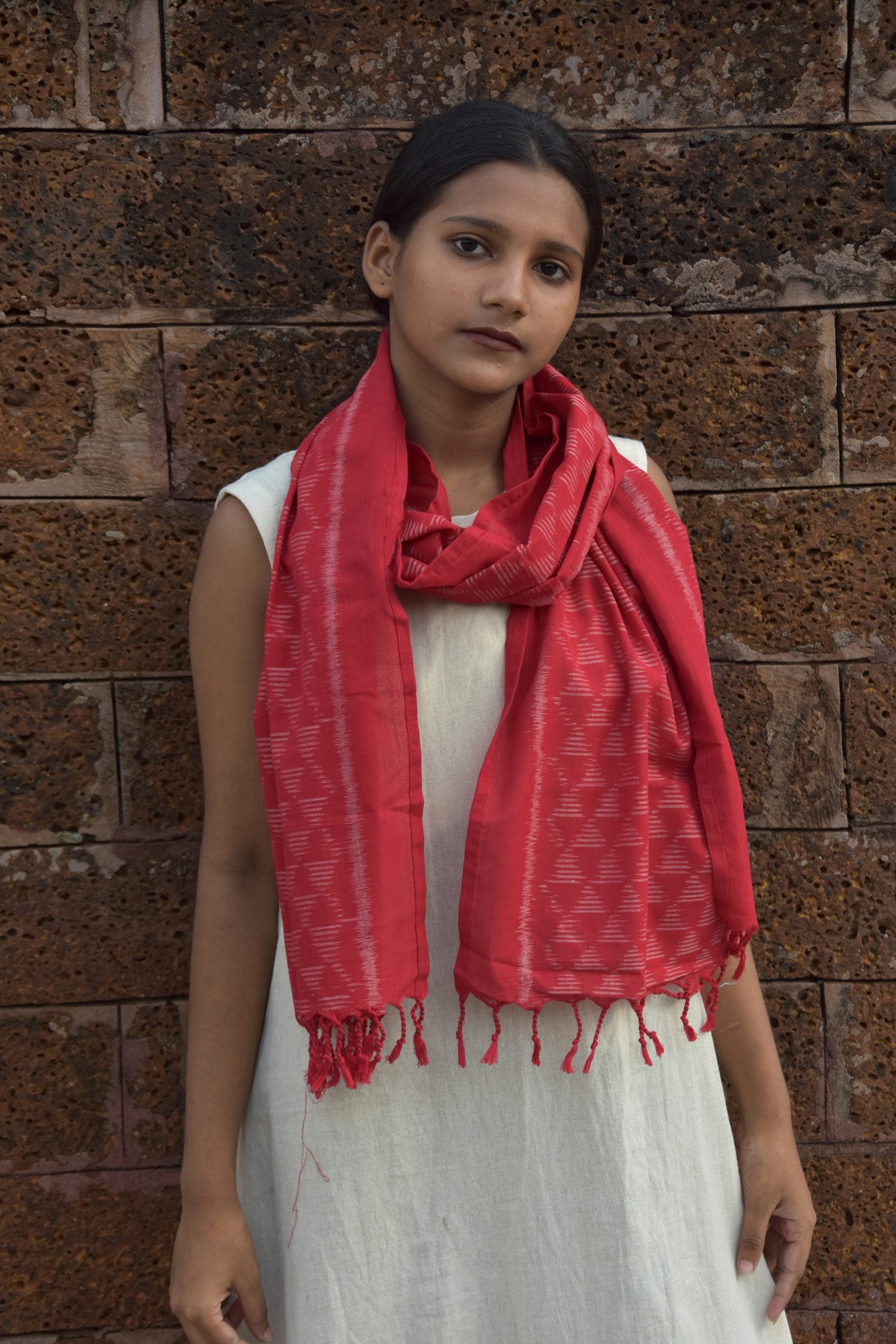 Pyramid-Cotton ikat red handloom Odisha stole - Pankaja Sethi