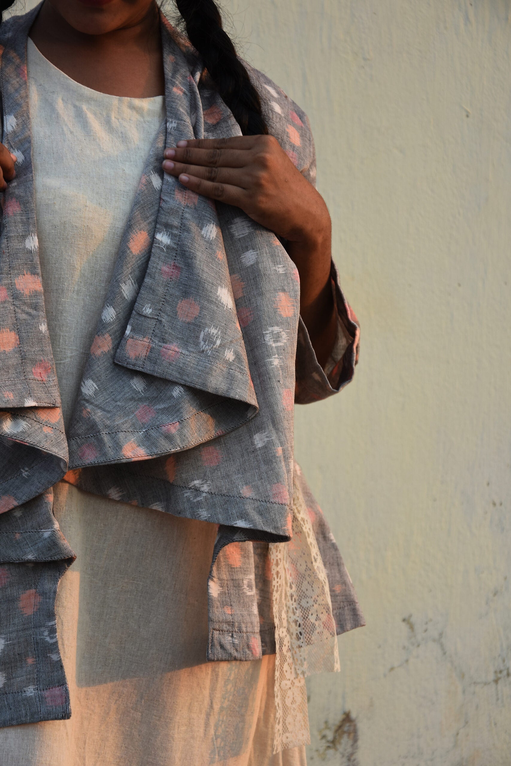 Grey Cotton Ikat Kimono shrug- Polka -Pankaja Sethi
