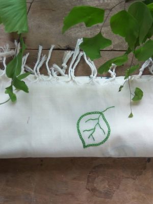white organic cotton-hand embroidered stole green leaf design -Pankaja Sethi