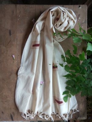 white organic cotton-natural dye-Boro- embroidered stole-Pankaja Sethi