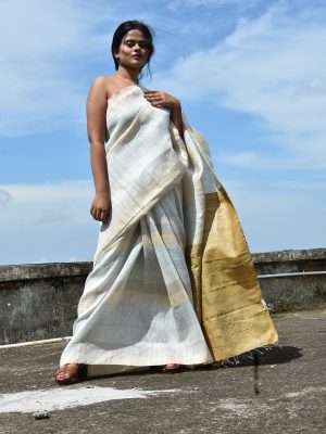 White Linen –tussar handloom natural dye Odisha saree – twill weave-Pankaja Sethi
