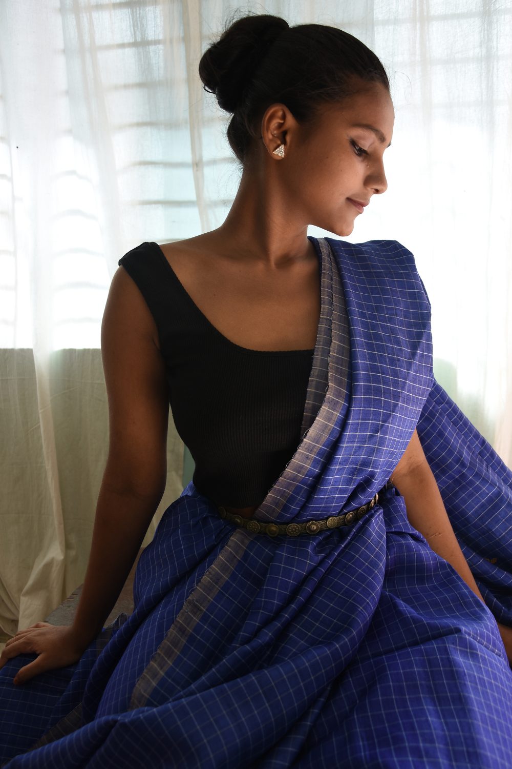 Cobalt Blue Tussar handloom Odisha saree – Flowers & Grids -Pankaja Sethi