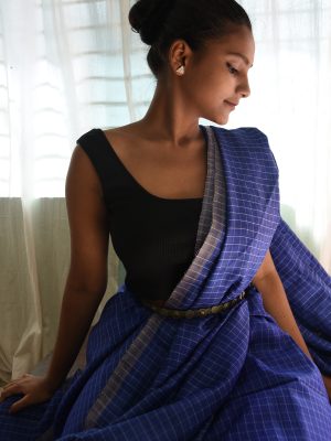 Cobalt Blue Tussar handloom Odisha saree – Flowers & Grids -Pankaja Sethi