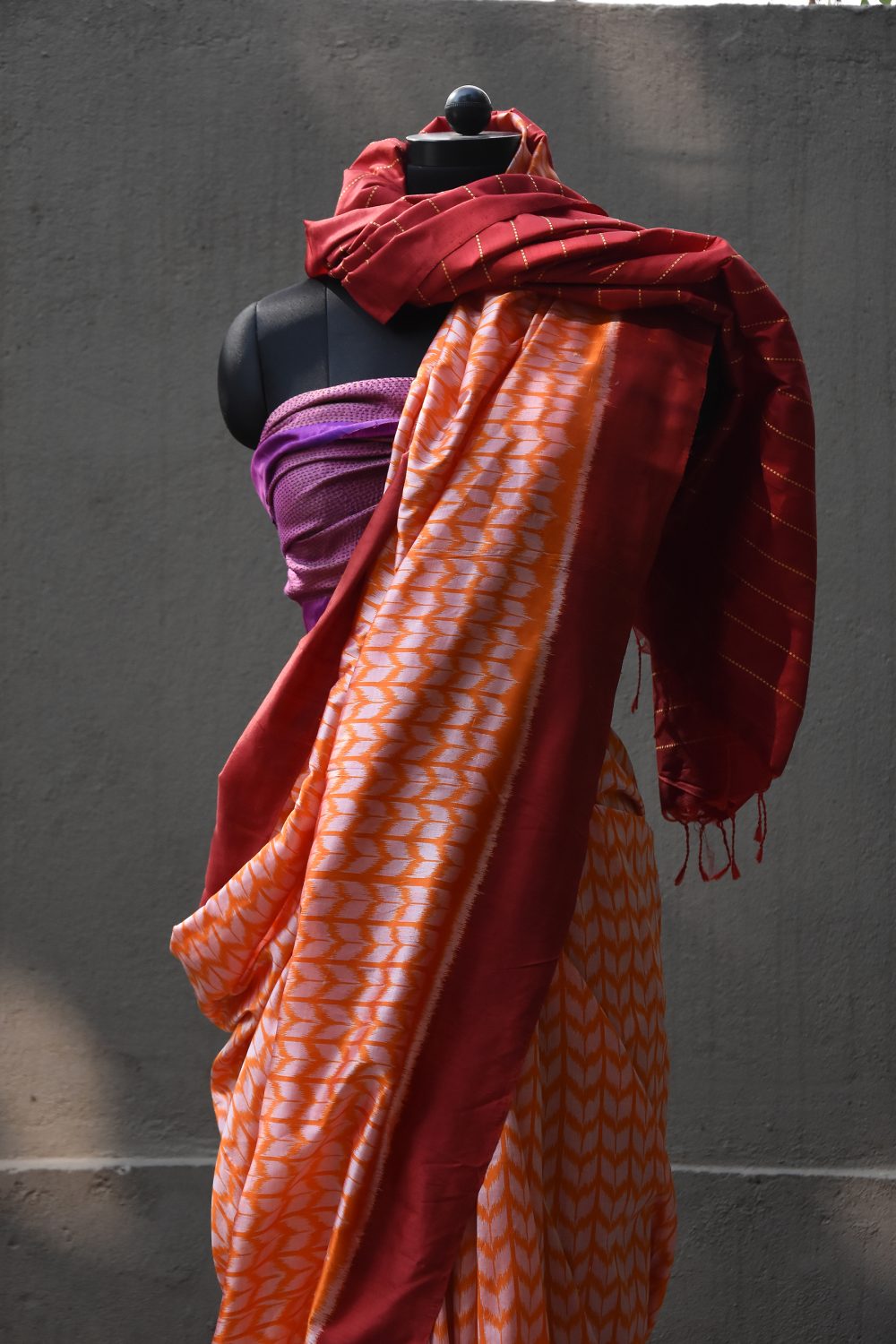 Orange  silk ikat handloom Odisha saree – Chevron -Pankaja Sethi