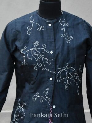 Black silk long embroidered jacket- Women face- Pankaja Sethi