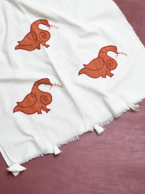 White organic cotton-hand embroidered Odisha appliqué craft stole 06-Pankaja Sethi