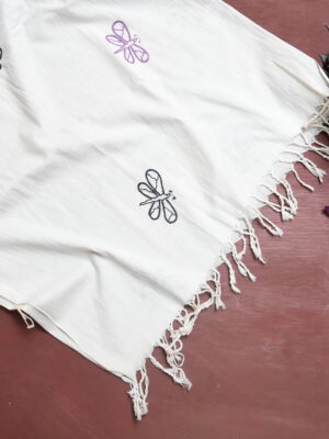 White organic cotton-hand embroidered dragonfly Odisha craft stole 13-Pankaja Sethi